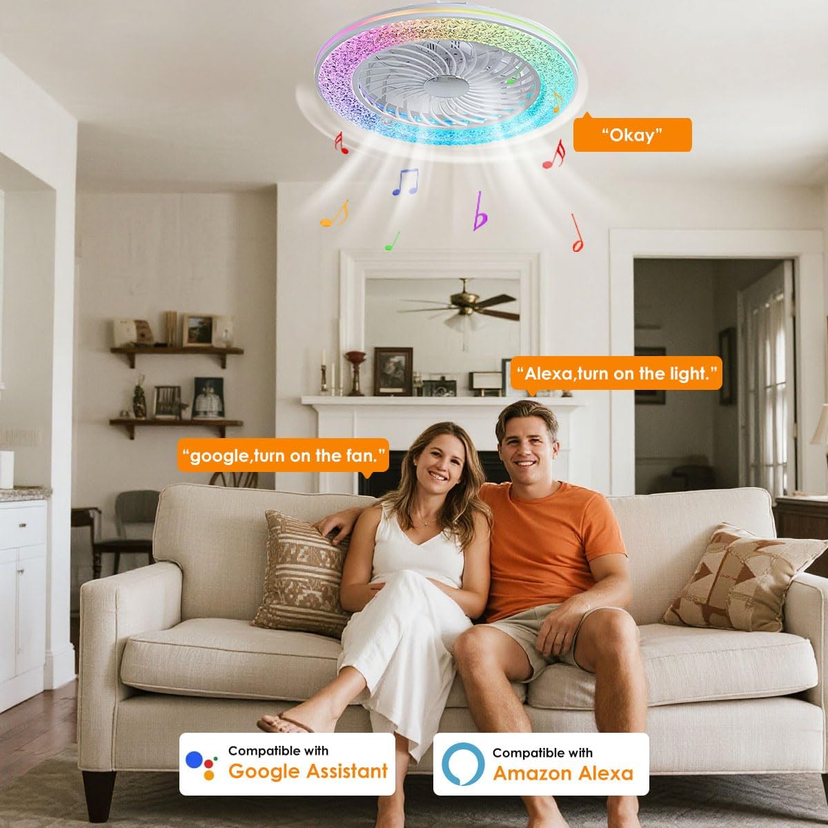 24 Inch Led Enclosed Ceiling Fans with Lights, Rgb Bladeless Modern Ceiling Fan Low Profile for Living Room (24 Inch)
