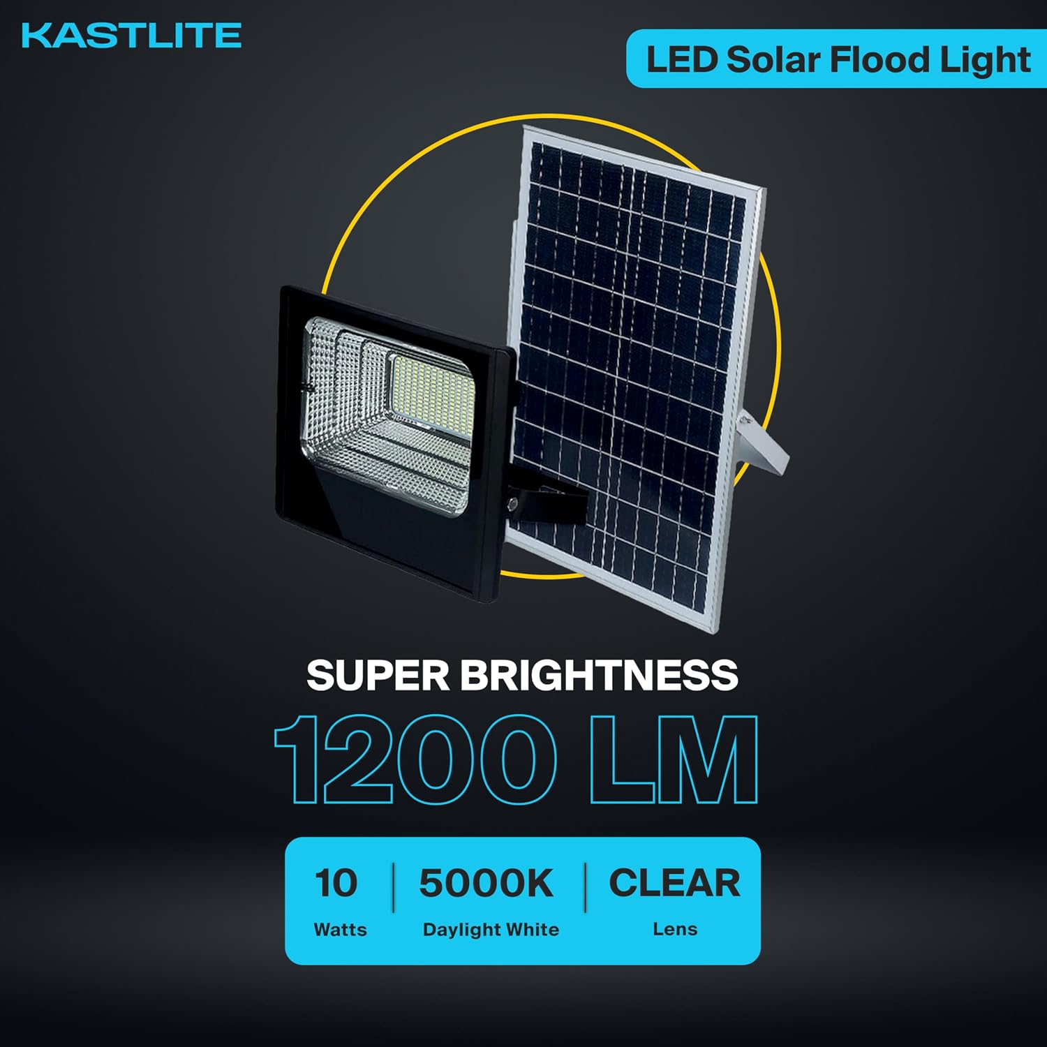 KASTLITE 10W LED Dusk to Dawn Solar Flood Light - 80 Watt Equiv. Waterproof Outdoor Fence/Security Floodlight - Photocell Sensor & Remote Control 5000K 1200 Lumen Spotlight for Patio Street Driveway