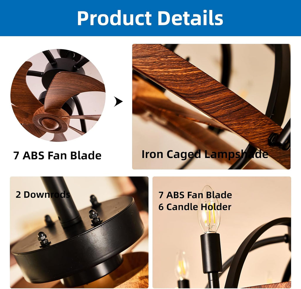 27.6' Farmhouse Ceiling Fan with Light and Remote Control, Vintage Cage Candle Chandelier Fans Rustic Enclosed Bladeless Fandelier for Kitchen Dining Room Living Room