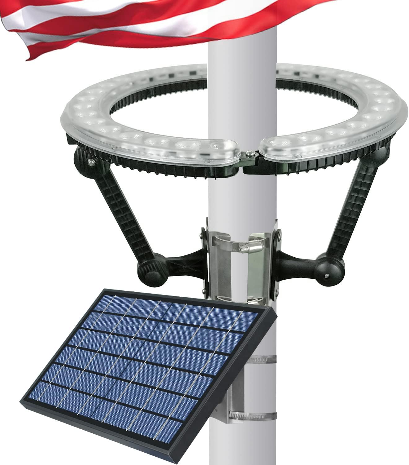 Solar Flag Pole Light Outdoor, 32 LED 4640 Lumens Upward Ring Light, Dusk to Dawn Flagpole Solar Light Waterproof IP65, Fits 2–6 Inch Poles, Full Flag Illumination for 15–40 Ft