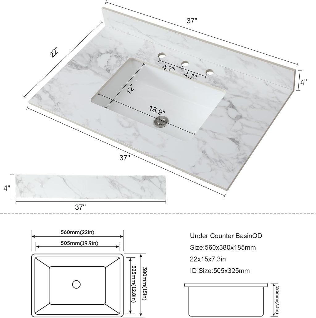 37x22 Marble Bathroom Vanity Top with Sink, Vanity Top with Sink with Pre-drilled Holes and 4' Backsplash, Perfect for Home & Rental Properties