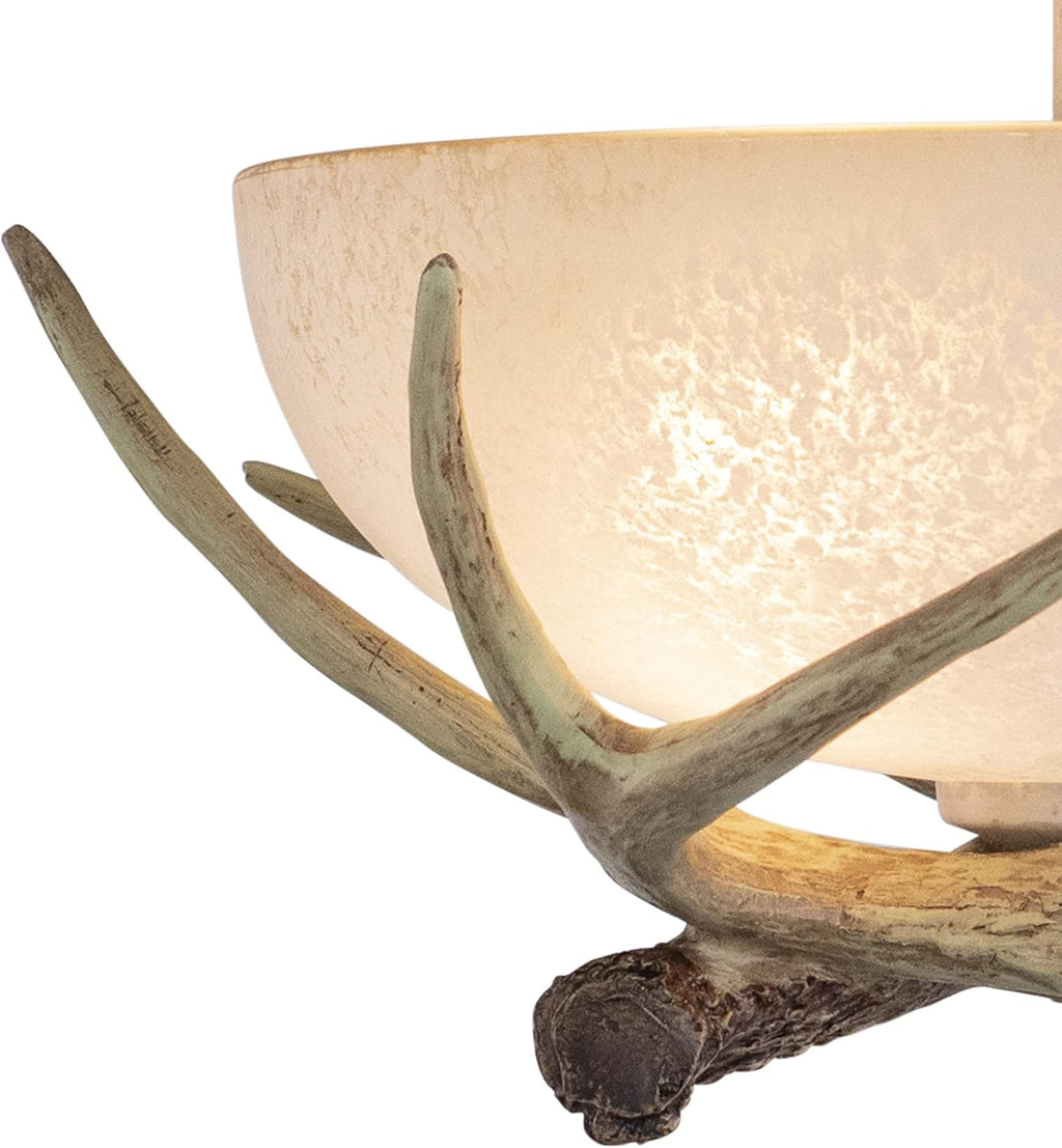 VAXCEL Lodge 12-in W Cream Rustic Antler Bowl Semi Flush Mount Ceiling Light Cream Glass