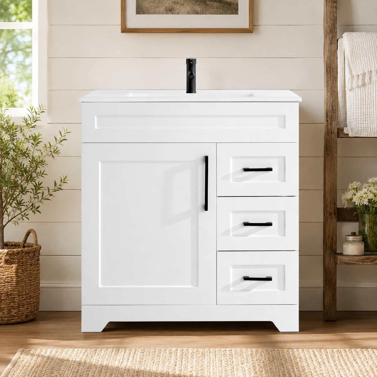 30' White Bathroom Vanity with Integrated Sink Top | Plywood Construction, Soft-Close Doors &Drawers