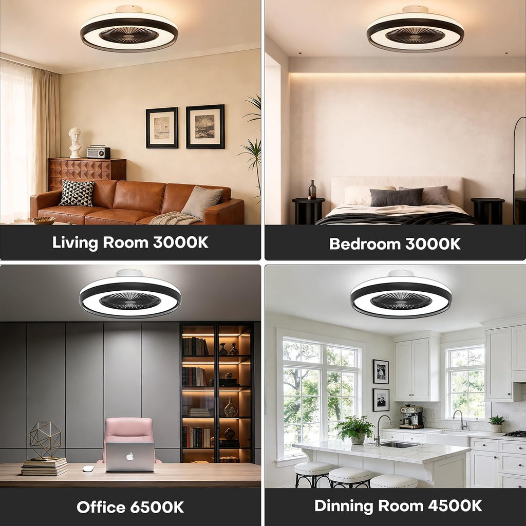 Bladeless Ceiling Fan with Light, 24'' Flush Mount Low Profile Ceiling Fans with Remote & APP Control, 2700-6500K CCT Adjustable, 6 Speeds Dimmable Fan Light for Kids Room, Bedroom, Small Dining Areas