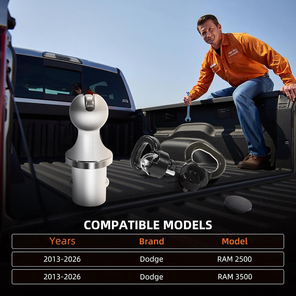 60618 Gooseneck Hitch Ball Kit Compatible with 2013-2026 Dodge Ram 2500 3500，2-5/16 Inch Gooseneck Ball for Truck Bed Safety Chain Anchors | 30000 lbs(Includes Box)