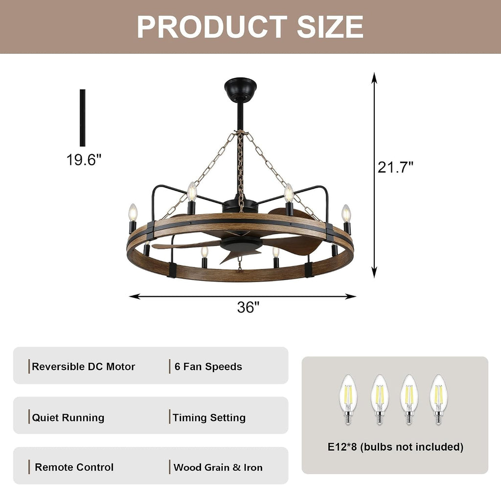 36 Inch Wagon Wheel Chandelier Ceiling Fan with Lights and Remote, Rustic Ceiling Fan Light Farmhouse Fandelier for Bedroom Living Room Dining Room, 8 E12 Bulbs, Reversible DC Motor 6 Speeds