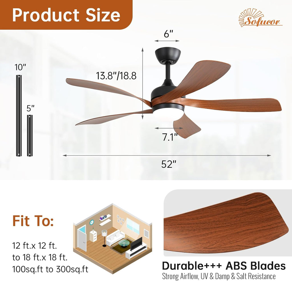 Sofucor 52 Inch Ceiling Fan with Light, Modern Ceiling Fan with Dimmable Memory LED - Quiet DC Motor, 6 Speeds 5000CFM, Timer, Reversible, for Living Room Bedroom, ETL, 5 Plastic+ABS Blades, Brown