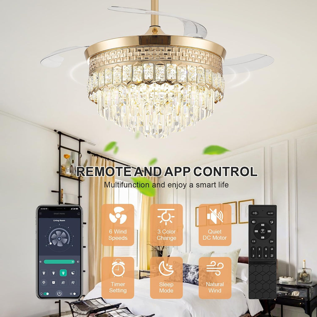 42' Chandelier Ceiling Fan with Lights,Crystal Fandelier Ceiling Fan with Retractable Blades,Chandelier Fans for Bedroom Living Room,6 Speeds,3 Color Temperatures,Remote & APP Control-Gold