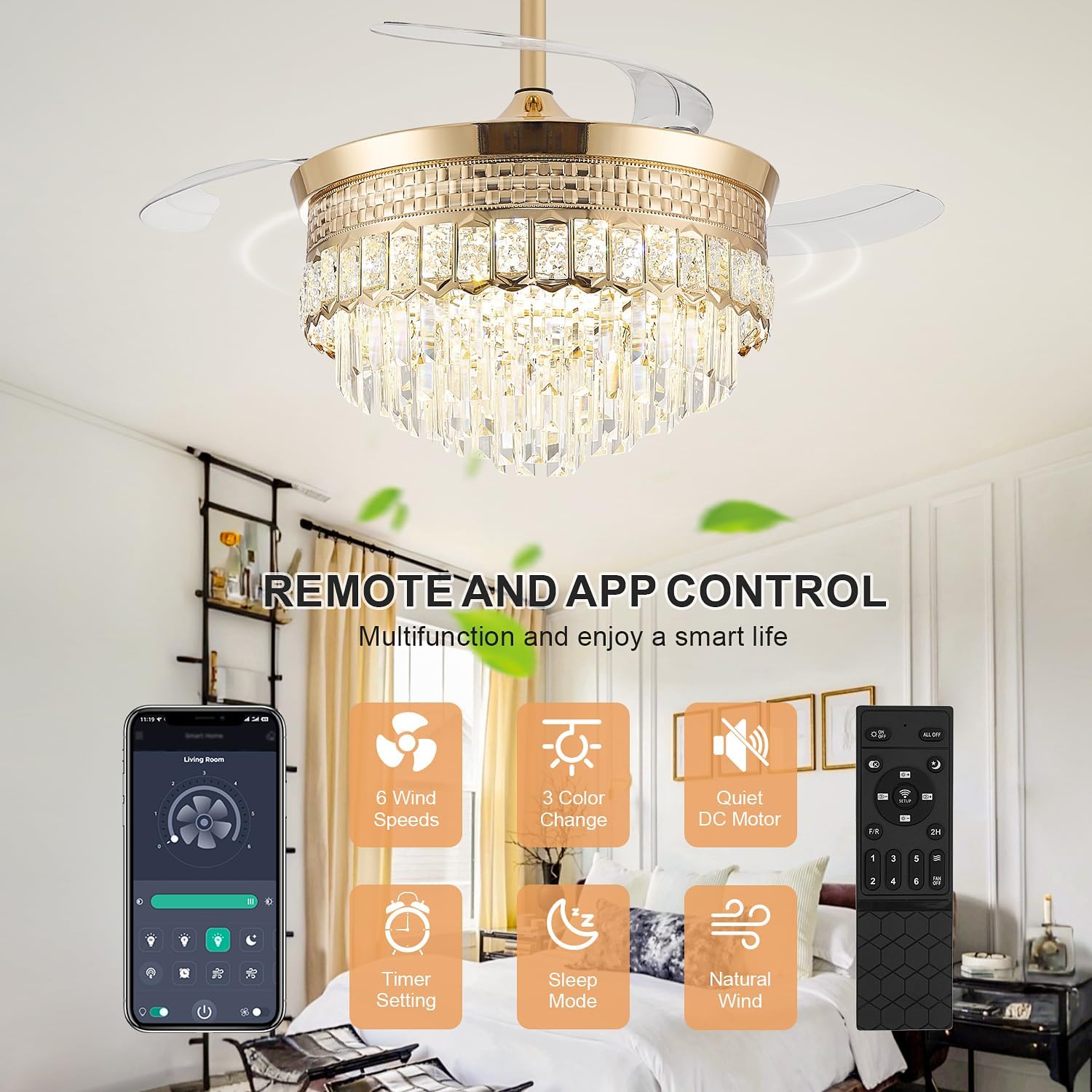 42' Chandelier Ceiling Fan with Lights,Crystal Fandelier Ceiling Fan with Retractable Blades,Chandelier Fans for Bedroom Living Room,6 Speeds,3 Color Temperatures,Remote & APP Control-Gold