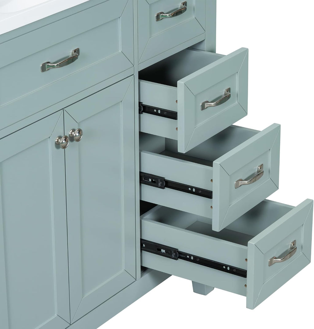 36' Bathroom Vanities Cabinet with Ceramic Sink Top, Two Doors and Three Drawers, Soft-Closing Door, Solid Wood Legs, Green