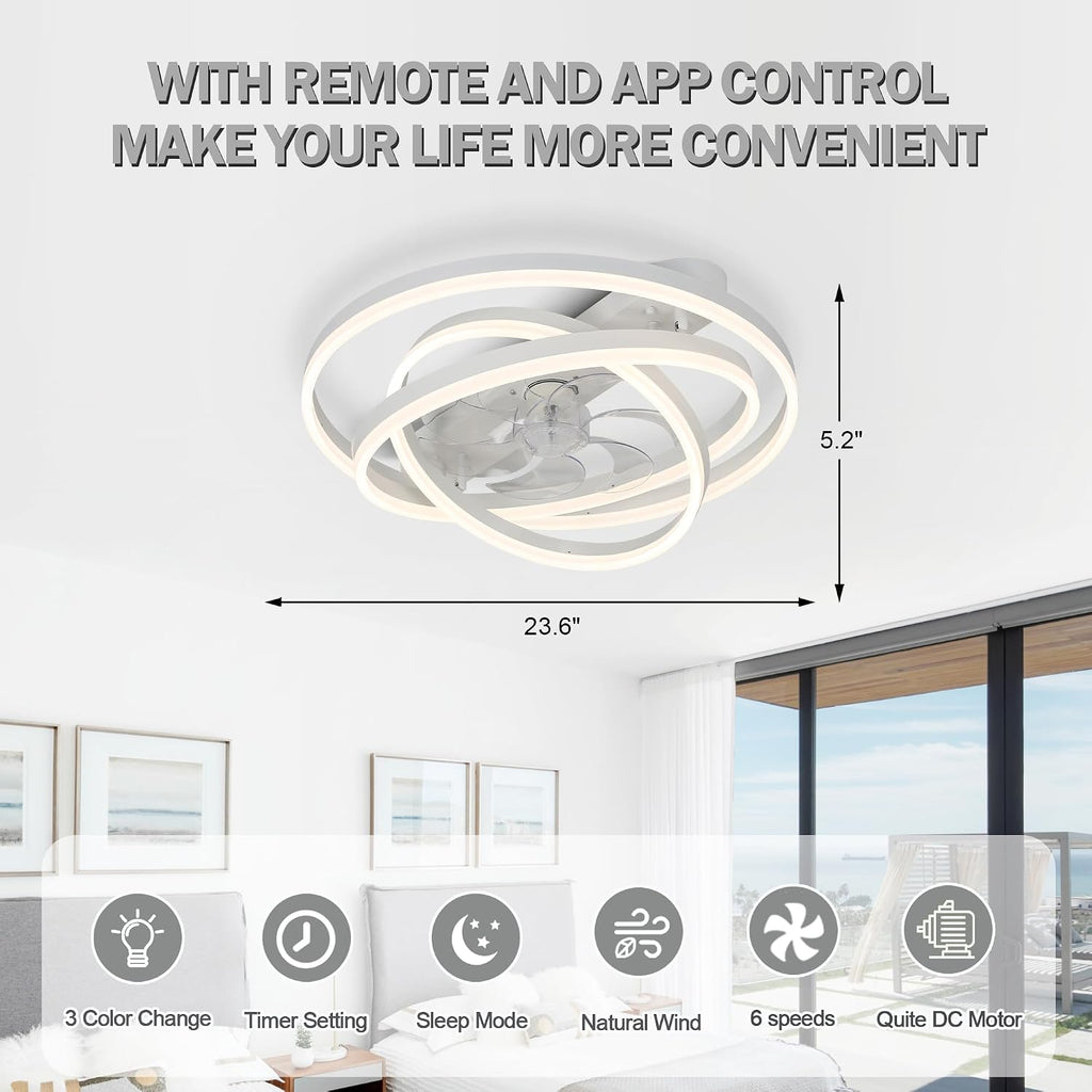 Modern Ceiling Fan with Light, Low Profile Flush Mount Ceiling Fan with Lights 6 Speed Dimmable Ceiling Fans with Lights and Remote
