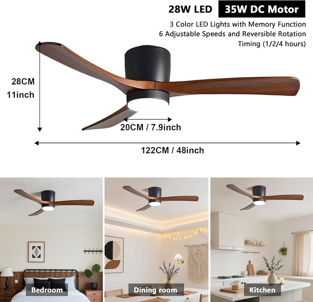 48in Ceiling Fans with Lights Modern Black Ceiling Fan Remote 6 Speed, Solid Wood Blades Ceiling Fan with Light for Bedroom Living Room Dining Room