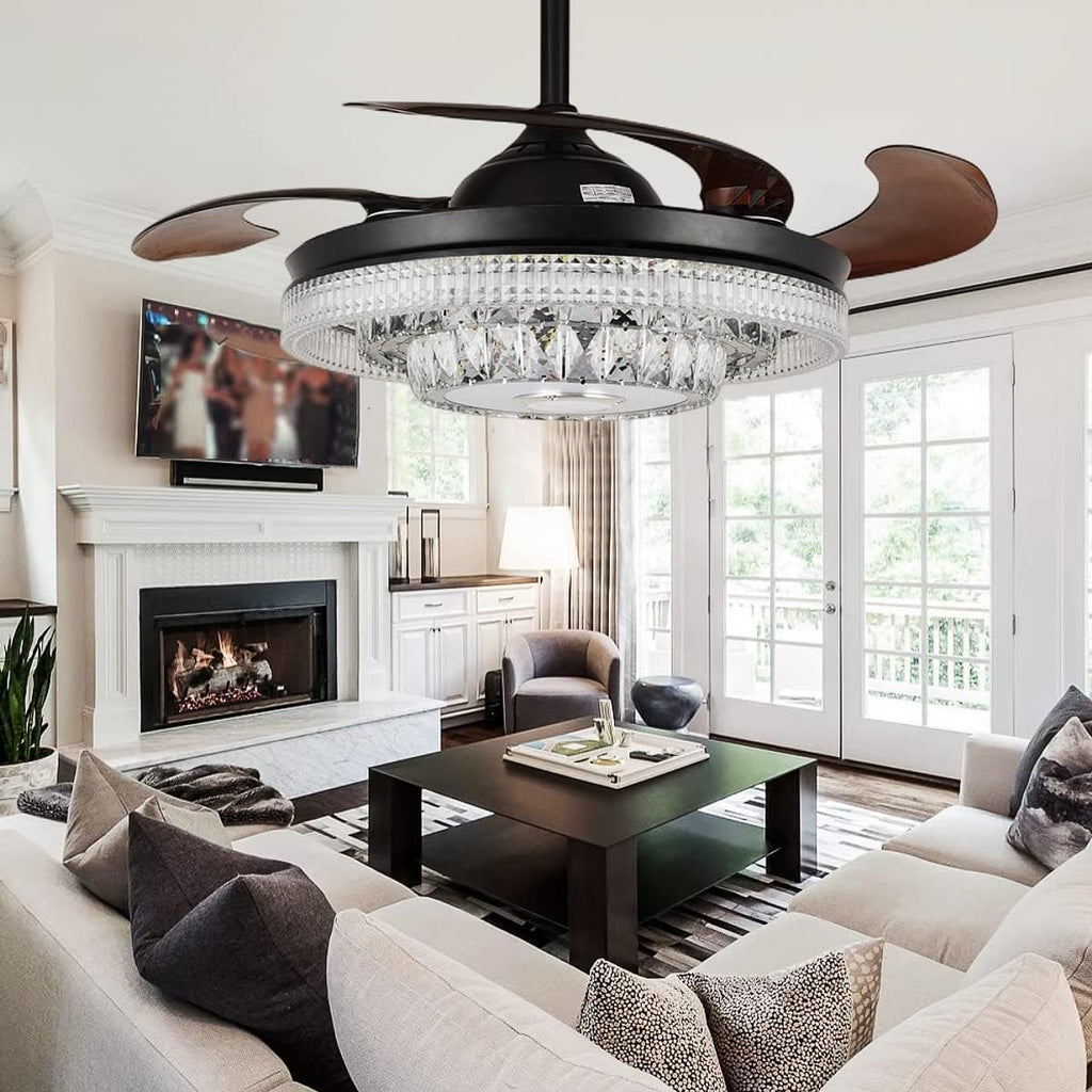 42' Modern Chandelier Ceiling Fan with Lights Reversible Blades, Fandelier with Bluetooth Speaker 7 Dimmable Colors 6 Speeds, Crystal Retractable Ceiling Fan with Remote Control Silent Motor