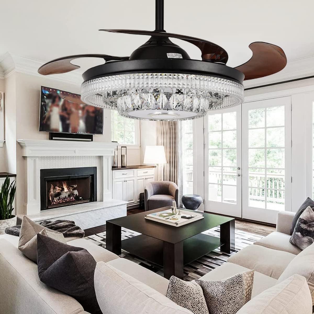 42' Modern Chandelier Ceiling Fan with Lights Reversible Blades, Fandelier with Bluetooth Speaker 7 Dimmable Colors 6 Speeds, Crystal Retractable Ceiling Fan with Remote Control Silent Motor
