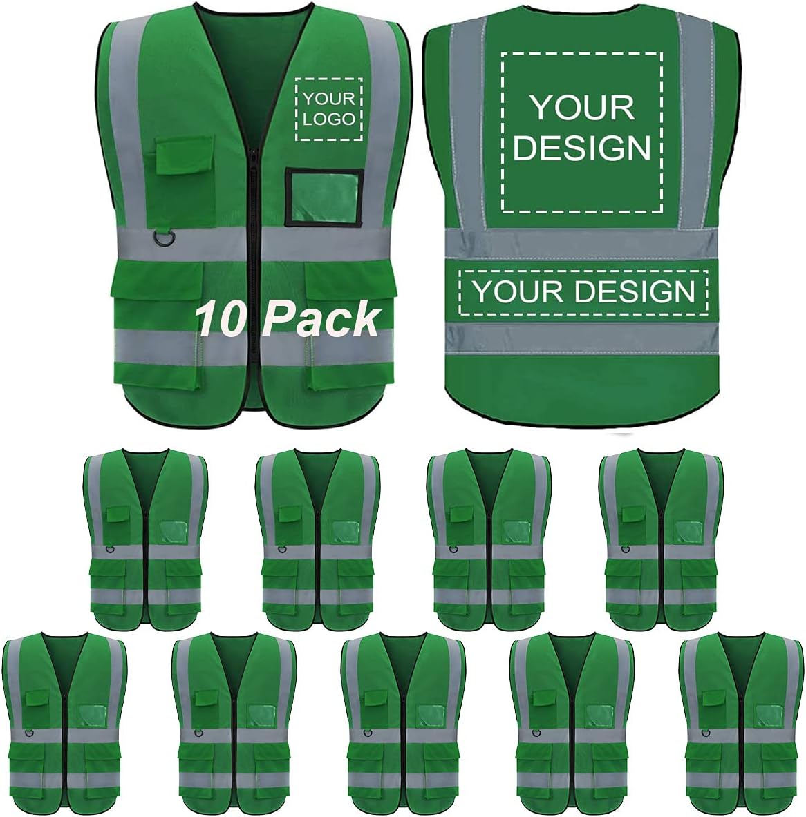 Custom Logo Safety Vest High Visibility Reflective Vest Class 2 Standard with Pockets and Zipper