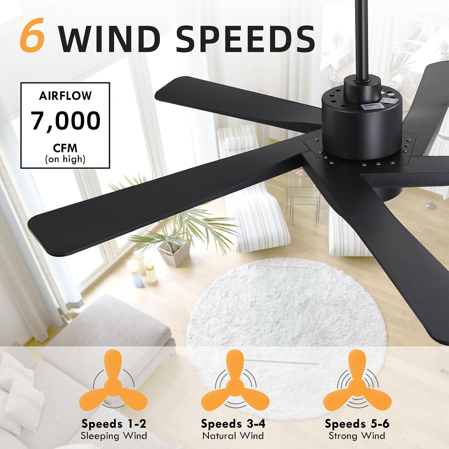 WINGBO 64' ABS DC Ceiling Fan with Lights, 5 Blade ABS Plastic Ceiling Fan with Remote, 6-Speed Reversible DC Motor, LED Ceiling Fans for Kitchen Bedroom Living Room, Matte Black