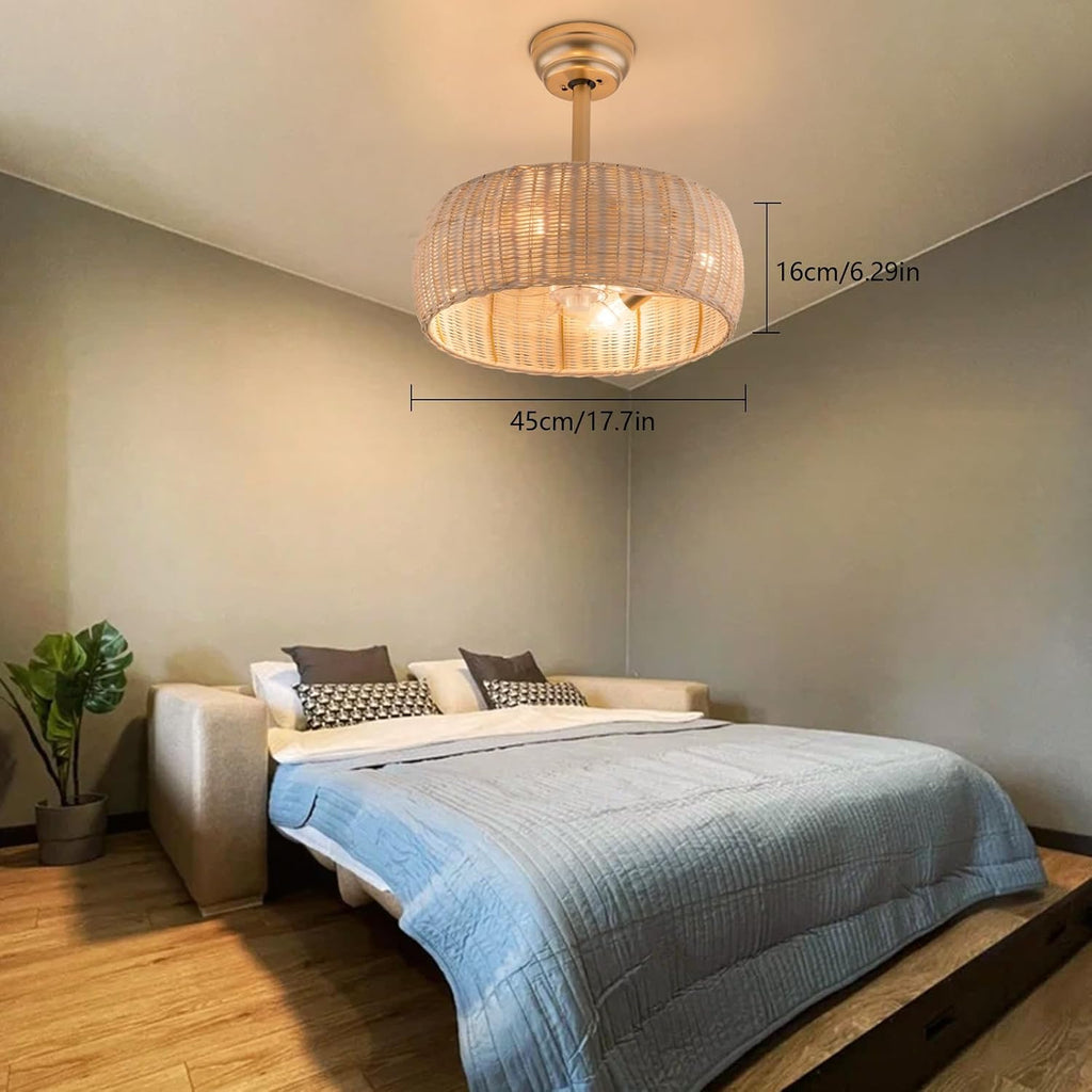 LOYALHEARTDY Rattan Caged Fandelier with Lights - 18in Bamboo, 6-Speed Reversible, Remote Control - Boho Woven Wicker Ceiling Fan