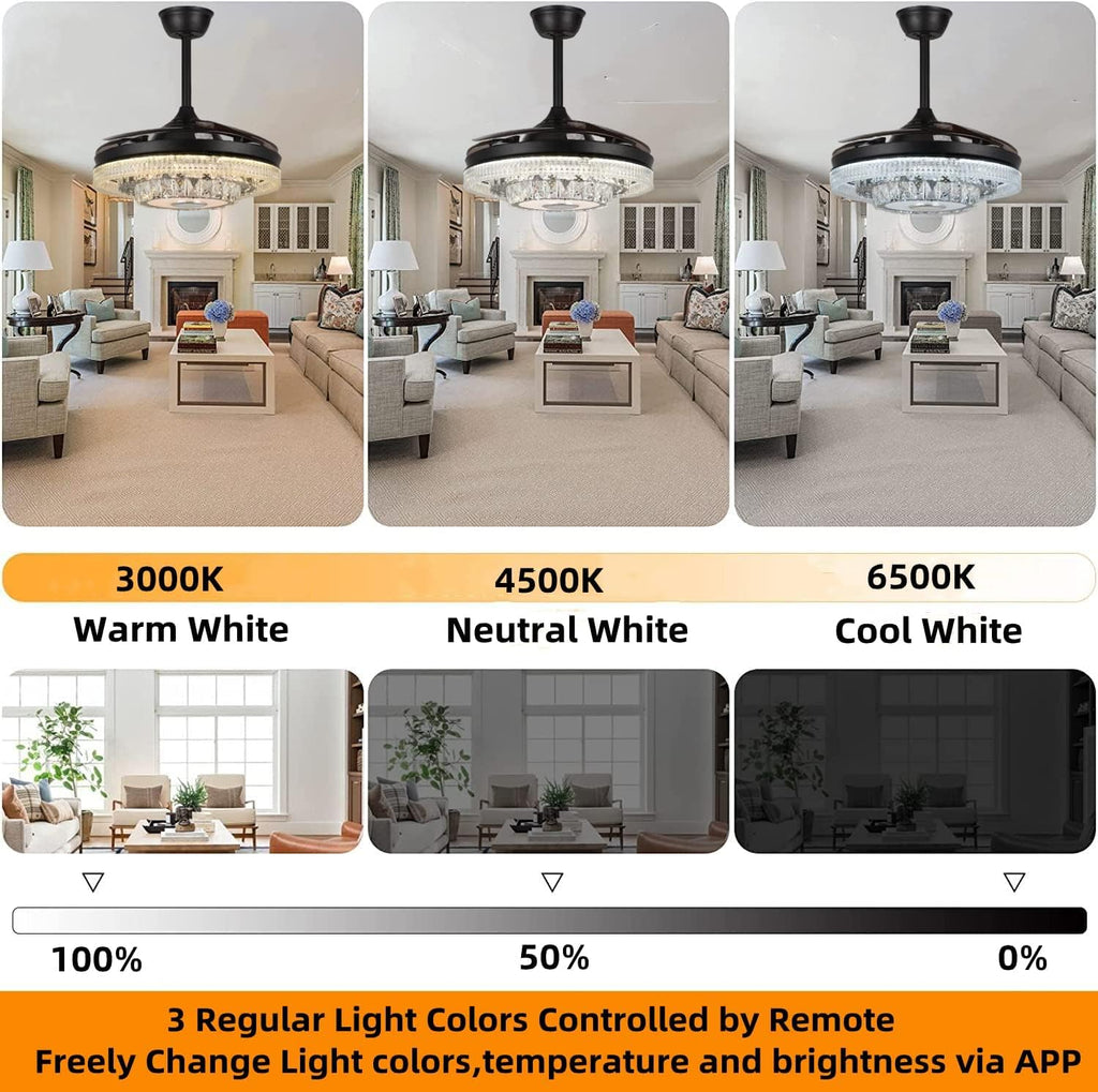 42inch Crystal Ceiling Fan Light with Bluetooth Speaker Reversible 6 Speeds Invisible Chandelier with Remote Control 3 Colors Change LED Light Dimmable Fandelier Music Lighting Fixture