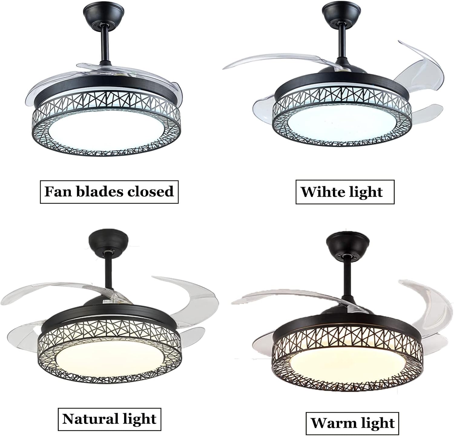 42' Ceiling Fan with Light, Modern Invisible Ceiling Fan Chandelier with Retractable Blade, Dimmable LED 3 Lighting 3 Speeds Change Ceiling Fans Lights with Remote Control (Black)