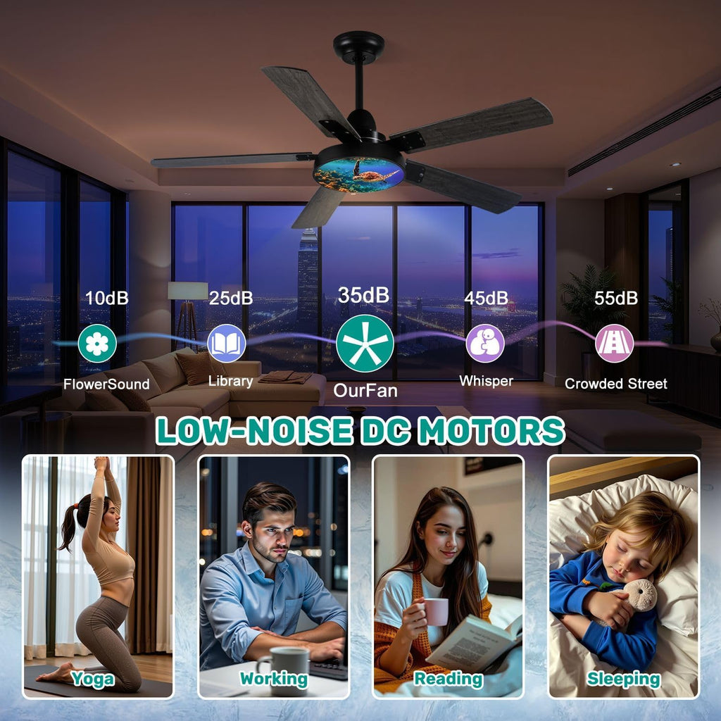 Modern Ceiling Fans with Lights Remote, Sea turtle swims under water coral reefs 42 Inch Ceiling Fan for Bedroom Living Room Farmhouse, 6 Speed Reversible Quiet Motor
