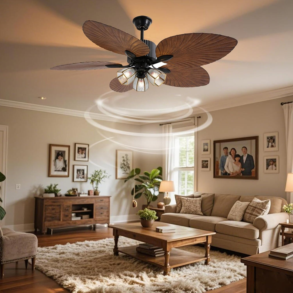 52 Inch Tropical Ceiling Fan, Palm Wooden Leaf Ceiling Fan with Remote & Lights, Timer Function & Adjustable Height Vintage Quit Fan Light for Living Room Kitchen Bedroom Patio Porche Covered Deck