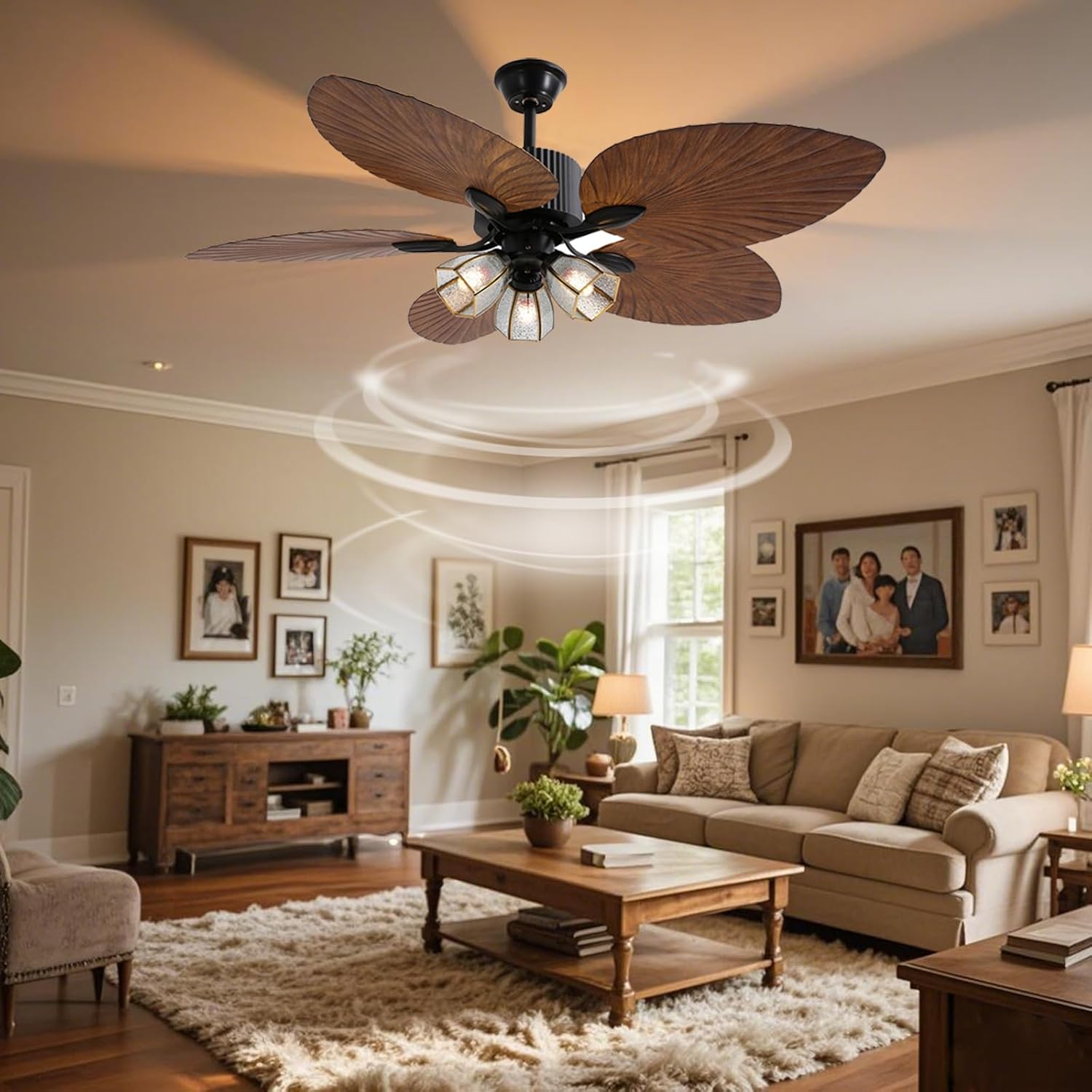 52 Inch Tropical Ceiling Fan, Palm Wooden Leaf Ceiling Fan with Remote & Lights, Timer Function & Adjustable Height Vintage Quit Fan Light for Living Room Kitchen Bedroom Patio Porche Covered Deck