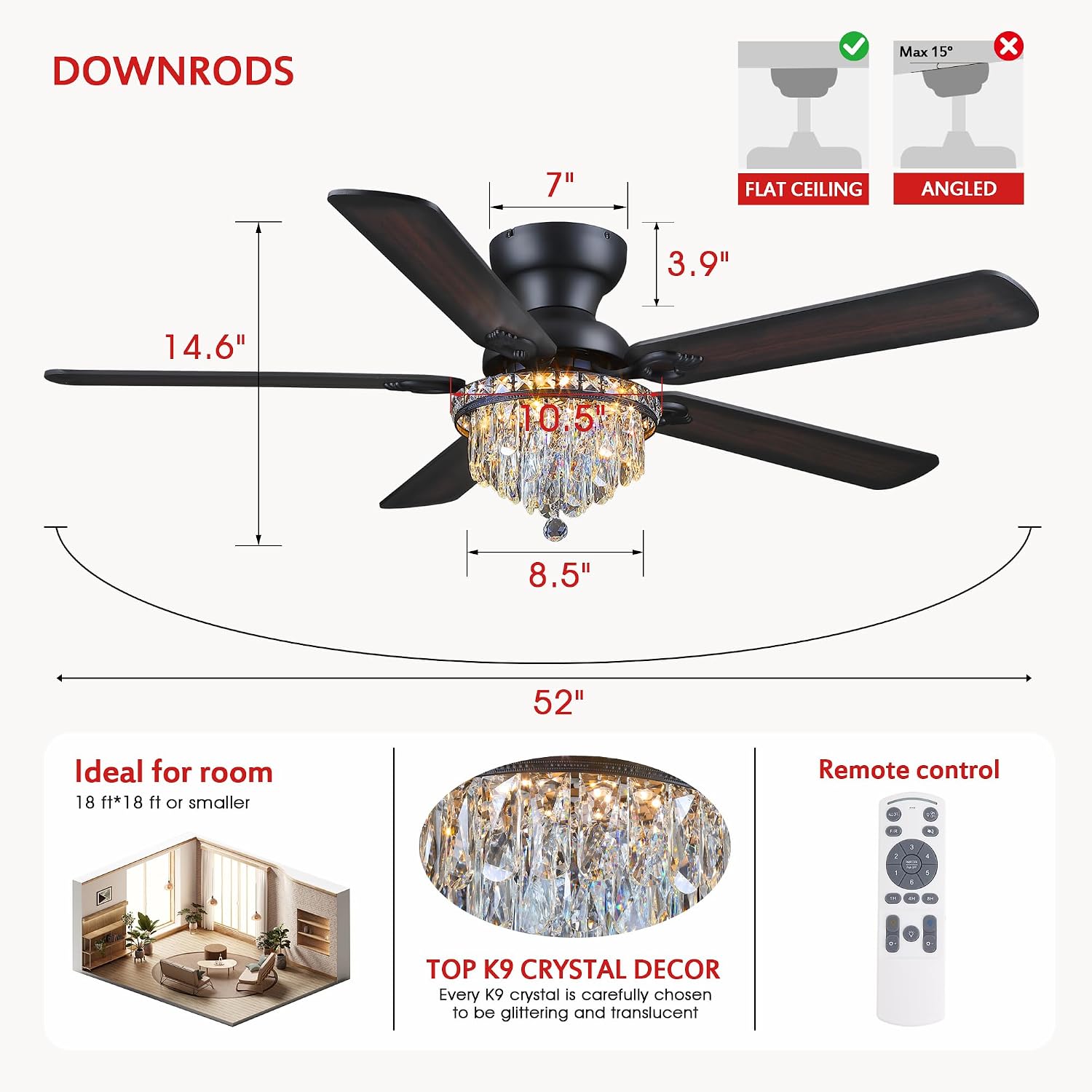 GJeg Crystal Ceiling Fan Fandelier with Lights-Ceiling Fans with Remote Control,Modern Ceiling Fan with Noiseless DC Reversible Motor,Dining Room,Living Room(52' Black)