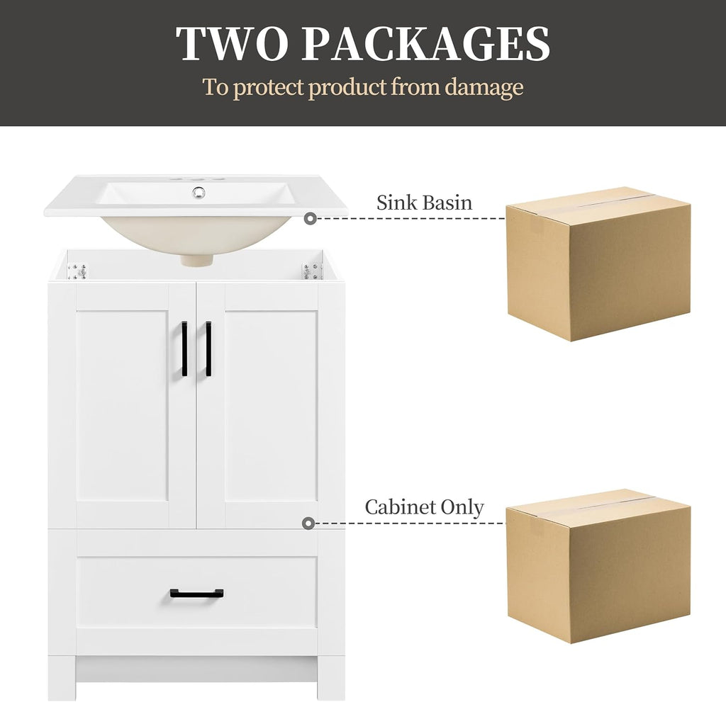 Yaheetech 24.5' Modern Bathroom Vanity with Ceramic Basin, Undermount Vanity Sink Cabinet with 2 Doors and 1 Drawer, Free Standing Bathroom Storage Cabinet with Sink Combo Set, White