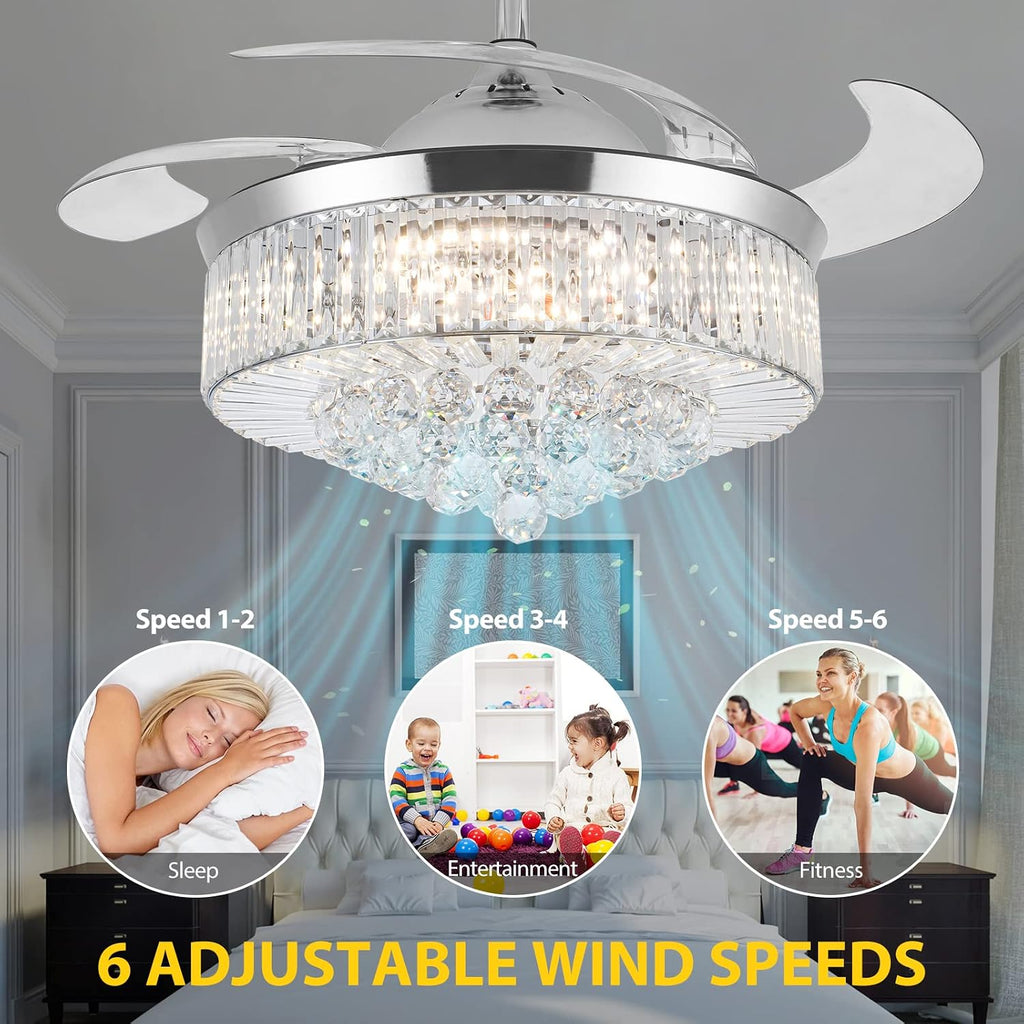 DatingDay 36' Invisible Ceiling Fan Chandelier Light,Modern Crystal Ceiling Fan Light Remote Control 4 Retractable ABS Blades for Bedroom Living Room Dining Room Decoration