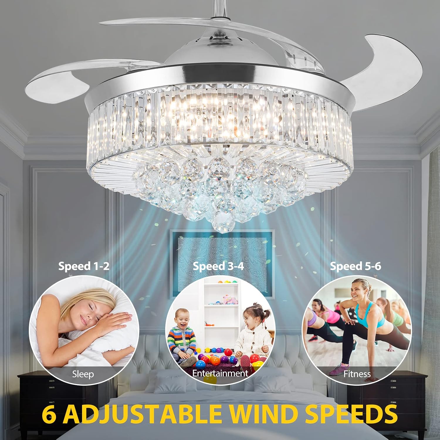 DatingDay 36' Invisible Ceiling Fan Chandelier Light,Modern Crystal Ceiling Fan Light Remote Control 4 Retractable ABS Blades for Bedroom Living Room Dining Room Decoration