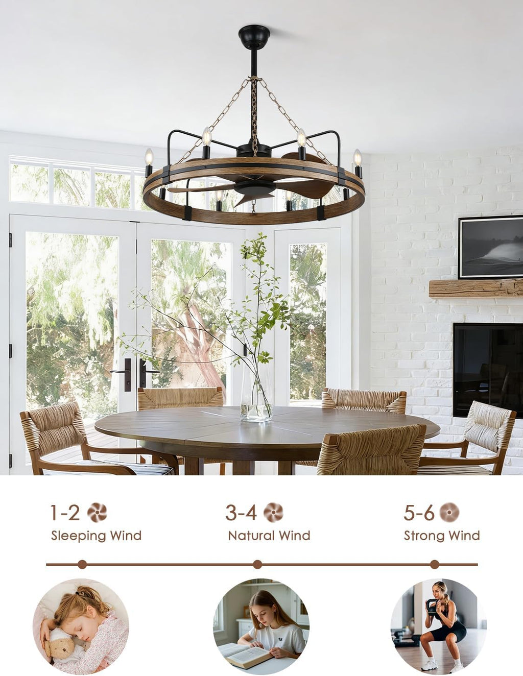 36 Inch Rustic Wagon Wheel Ceiling Fan with Light, 8-Lights Farmhouse Chandelier Ceiling Fans with Quiet Reversible Motor, Bladeless Fandelier Fan with Candle for Living Room Kitchen Bedroom