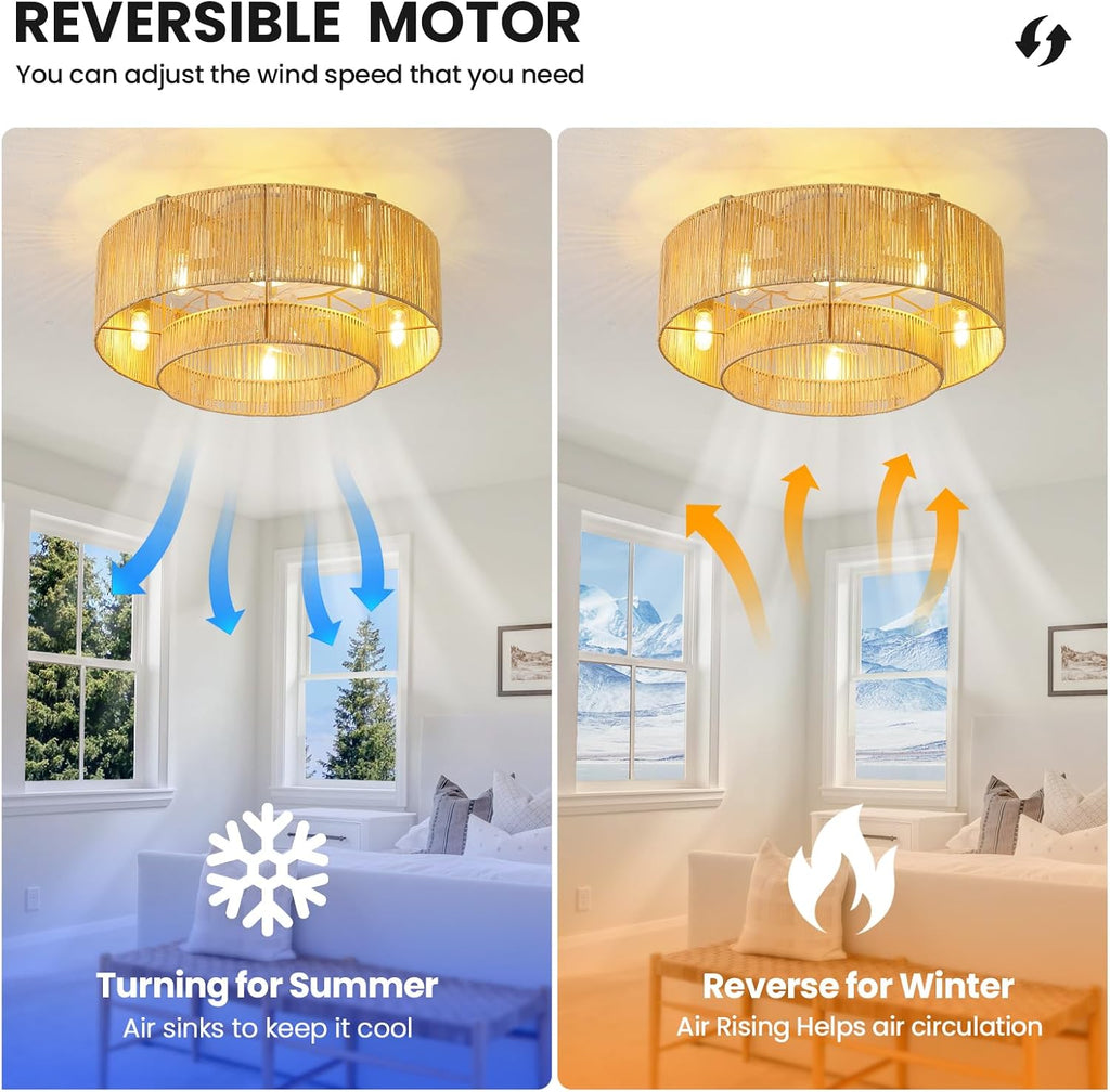 RUIYEY Boho Ceiling Fan with Light: 20 inch Low Profile Ceiling Fans with Remote Control, 5 Blades 6 Speeds DC Reversible E12 5 Light Flush Mount Rattan Ceiling Light Fixtures for Bedroom Kitchen