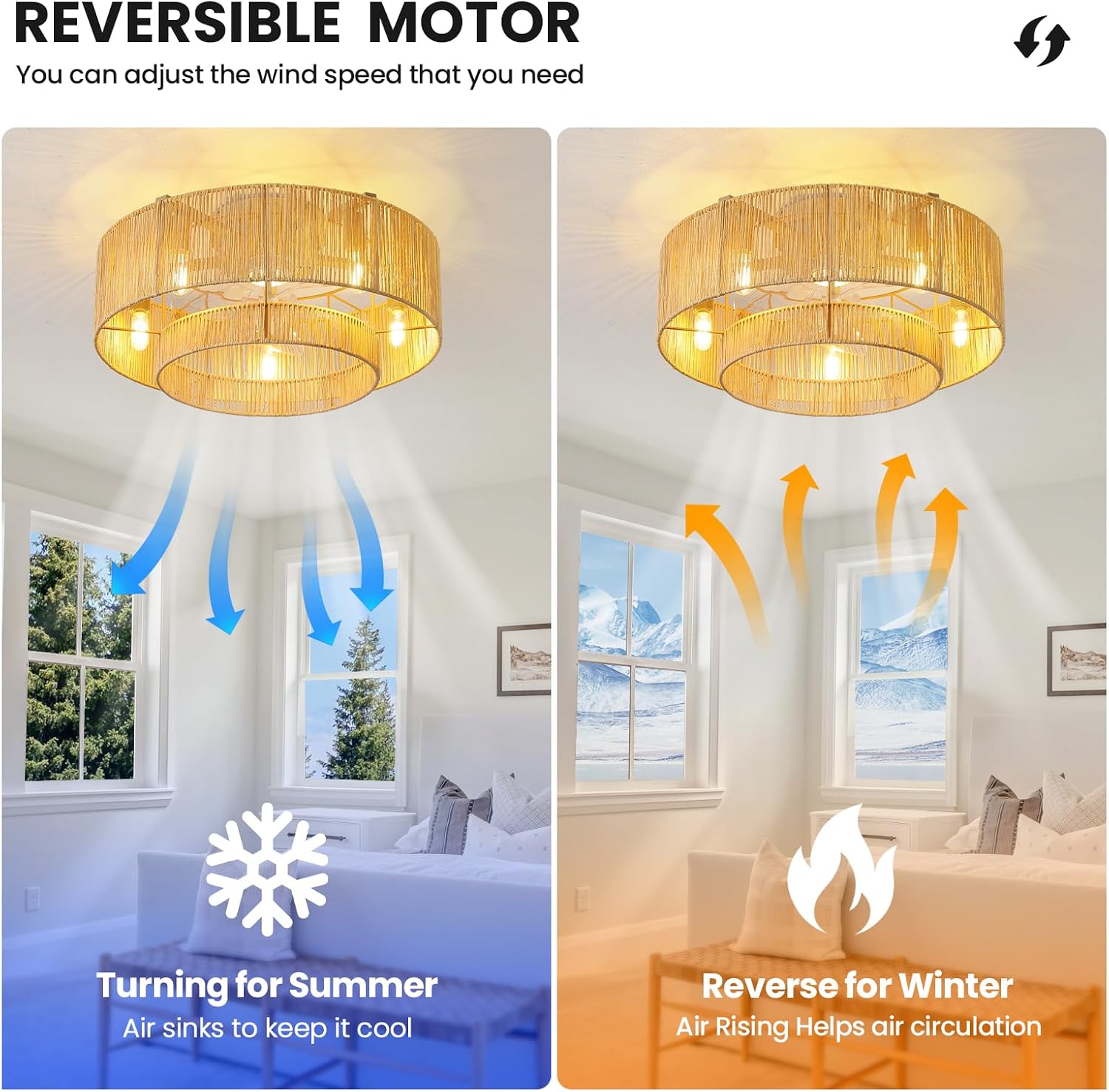 RUIYEY Boho Ceiling Fan with Light: 20 inch Low Profile Ceiling Fans with Remote Control, 5 Blades 6 Speeds DC Reversible E12 5 Light Flush Mount Rattan Ceiling Light Fixtures for Bedroom Kitchen