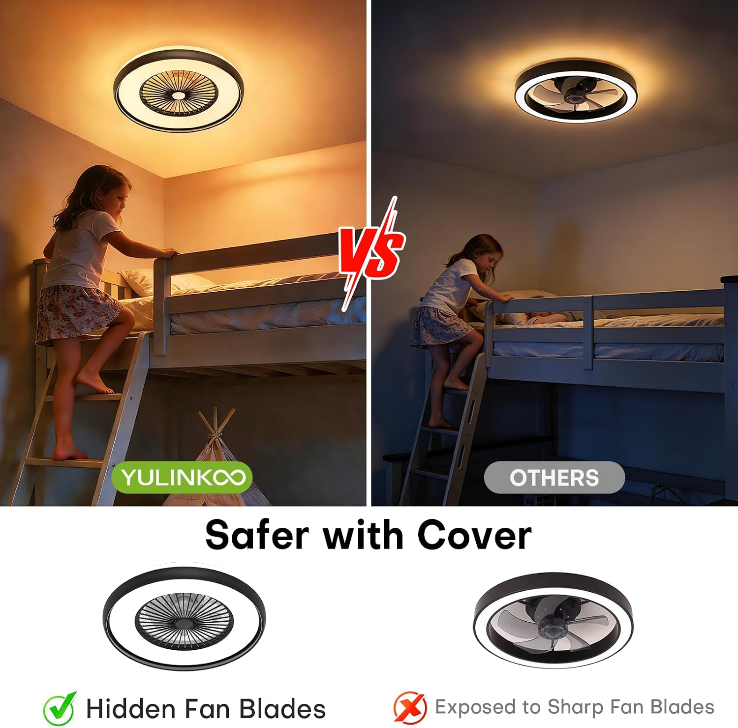 Bladeless Ceiling Fan with Light, 24'' Flush Mount Low Profile Ceiling Fans with Remote & APP Control, 2700-6500K CCT Adjustable, 6 Speeds Dimmable Fan Light for Kids Room, Bedroom, Small Dining Areas