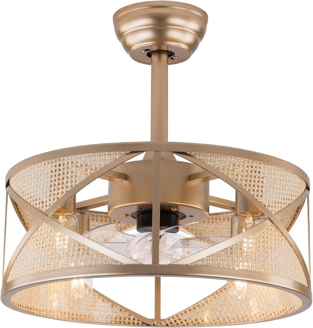 LOYALHEARTDY Gold Fandelier 18in 6-Speed Enclosed Caged Ceiling Fan With Lights Remote Control Antique Boho Rattan Light Downrod Mount, URF4I86GRFI8W