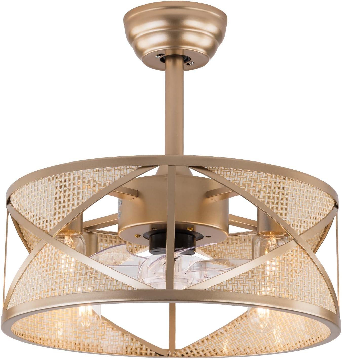 LOYALHEARTDY Gold Fandelier 18in 6-Speed Enclosed Caged Ceiling Fan With Lights Remote Control Antique Boho Rattan Light Downrod Mount, URF4I86GRFI8W