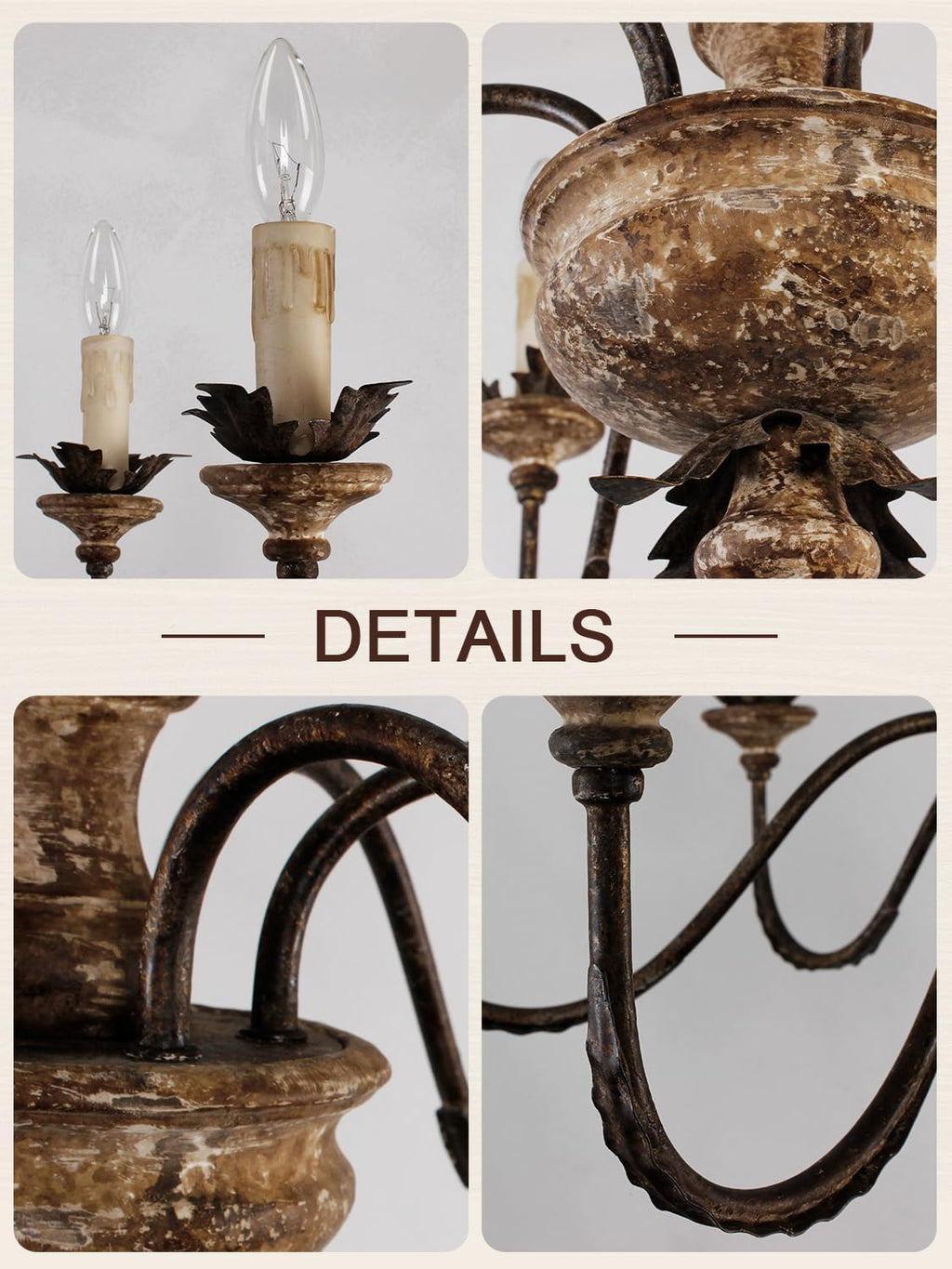 French Country Chandelier with Light, 6-Light Farmhouse Chandeliers Rustic Candle Chandelier Light Fixture Over Table for Dining Room Bedroom Kitchen