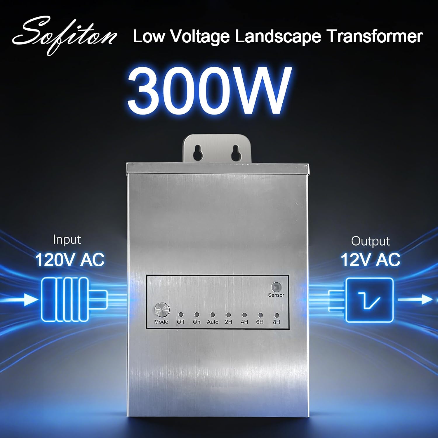 300W Low Voltage Landscape Transformer, Outdoor Lighting Transformers with Photocell & Timer, 120V AC to 12V AC, Stainless Steel Weatherproof Transformer for Landscape Lighting, ETL Listed