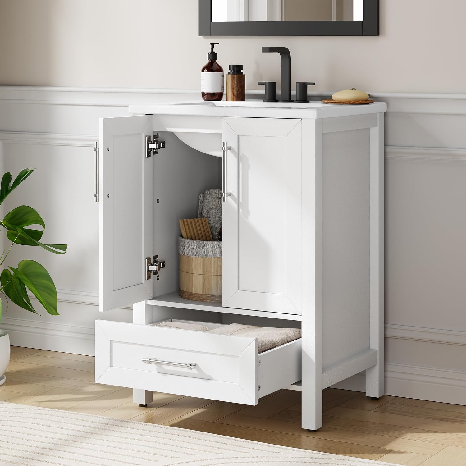 Garvee 24' Bathroom Vanity with Sink, Freestanding Bathroom Sink Cabinet with 2 Soft-Closing Doors & Large Storage Drawer, Wood Vanity Cabinet, Easy Assembly & Cleaning, White