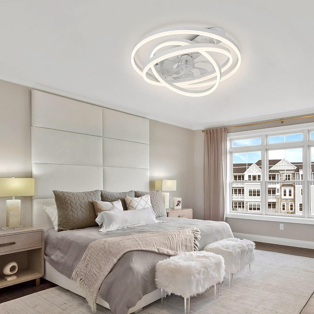 Modern Ceiling Fan with Light, Low Profile Flush Mount Ceiling Fan with Lights 6 Speed Dimmable Ceiling Fans with Lights and Remote