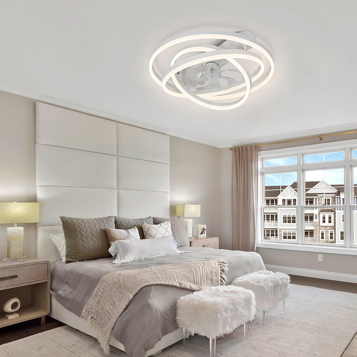 Modern Ceiling Fan with Light, Low Profile Flush Mount Ceiling Fan with Lights 6 Speed Dimmable Ceiling Fans with Lights and Remote