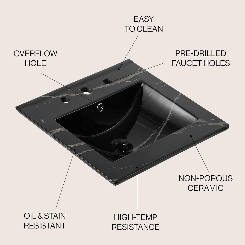 JONATHAN Y Ancillary 20 in. W x 18.25 in. D Ceramic Vanity Sink Top with 3-Hole Rectangular Single Sink Basin, Black Marble Effect SNK1000D