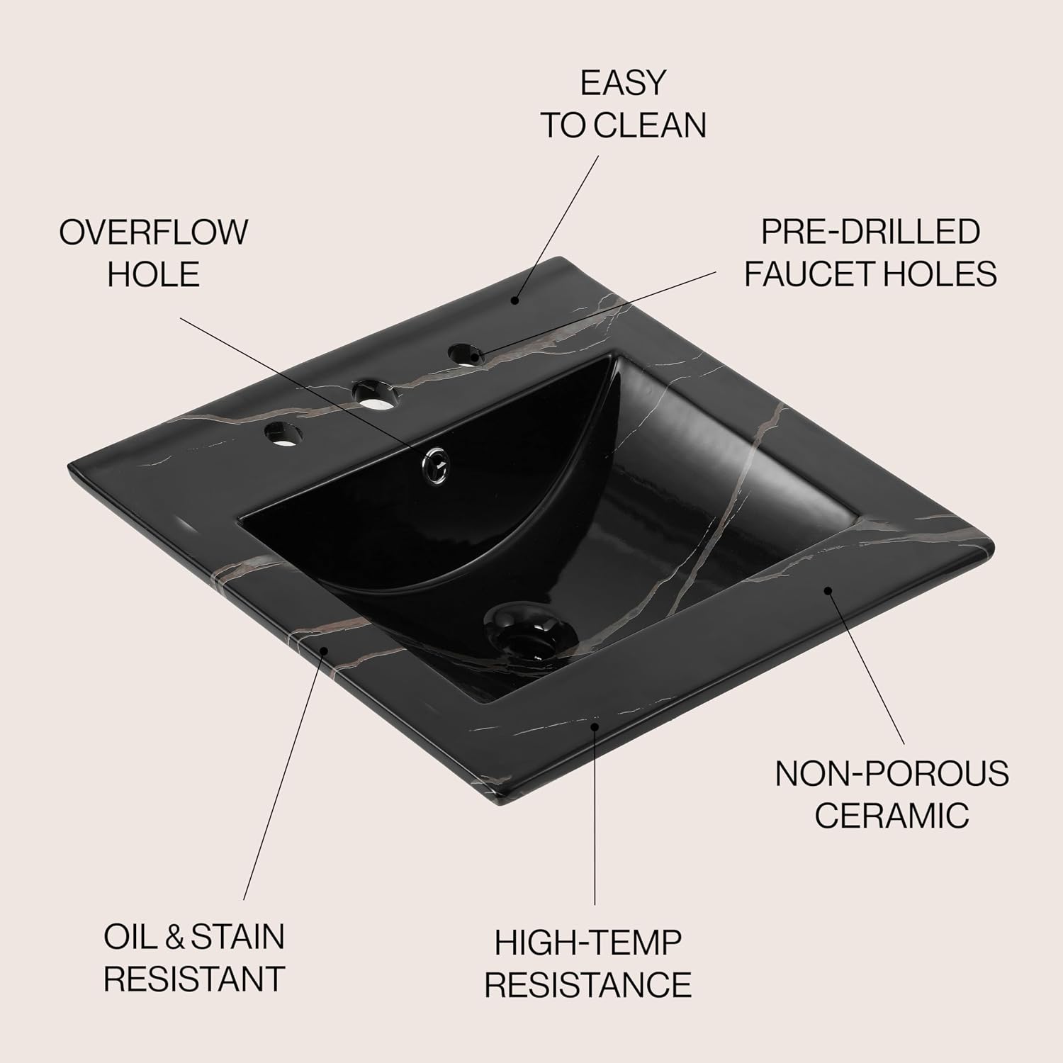 JONATHAN Y Ancillary 20 in. W x 18.25 in. D Ceramic Vanity Sink Top with 3-Hole Rectangular Single Sink Basin, Black Marble Effect SNK1000D