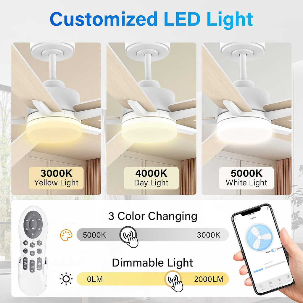 72' Large Smart Ceiling Fan with Lights Remote,Silent DC Motor,Control via Voice Alexa Google App,Outdoor Indoor Modern Ceiling Fans for Large Living Room Patios Decks,5 Blades in White & Light Wood