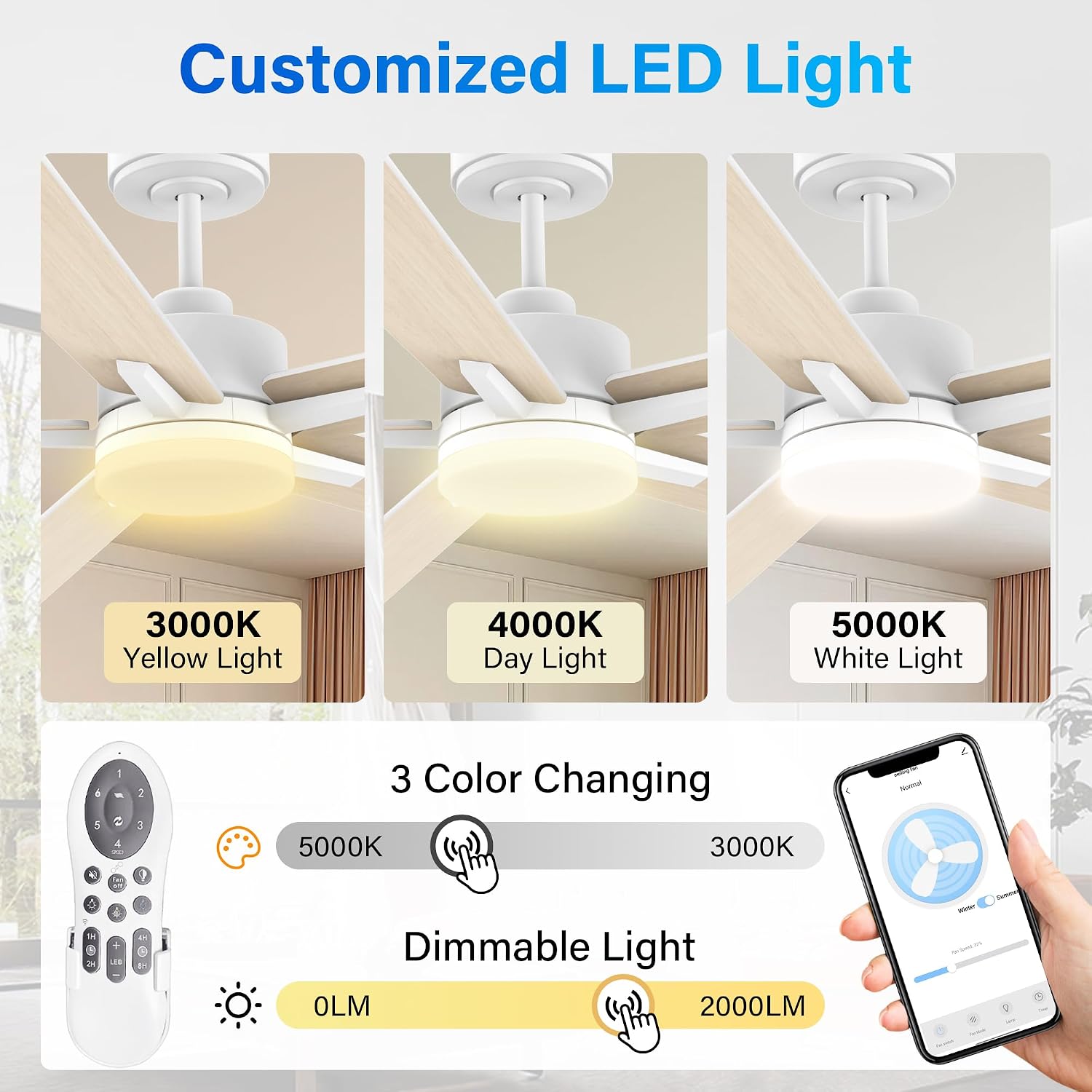72' Large Smart Ceiling Fan with Lights Remote,Silent DC Motor,Control via Voice Alexa Google App,Outdoor Indoor Modern Ceiling Fans for Large Living Room Patios Decks,5 Blades in White & Light Wood