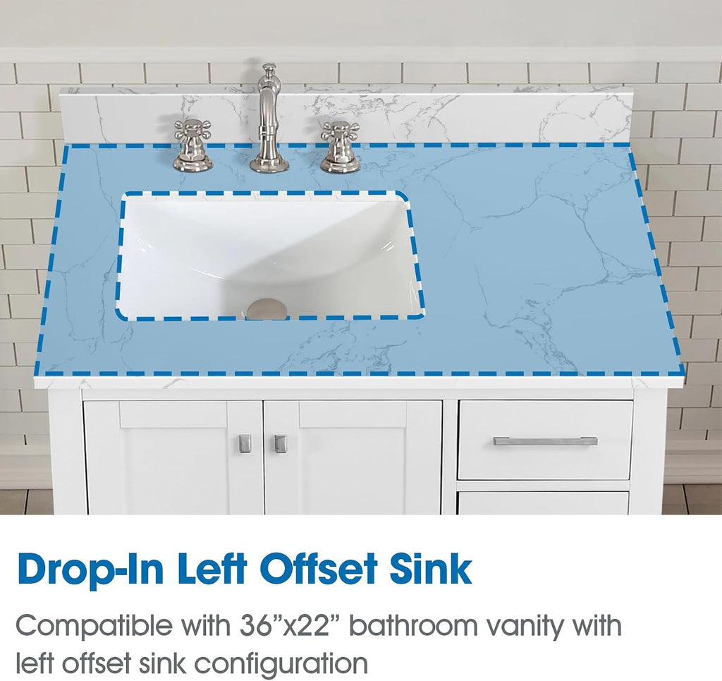 36 Inch Engineered Stone Bathroom Vanity Sink Top, with Undermount Rectangular Left Side Sink, Vanity Countertop with 8 inch Faucet Hole Spacing and Backsplash in Lightning White