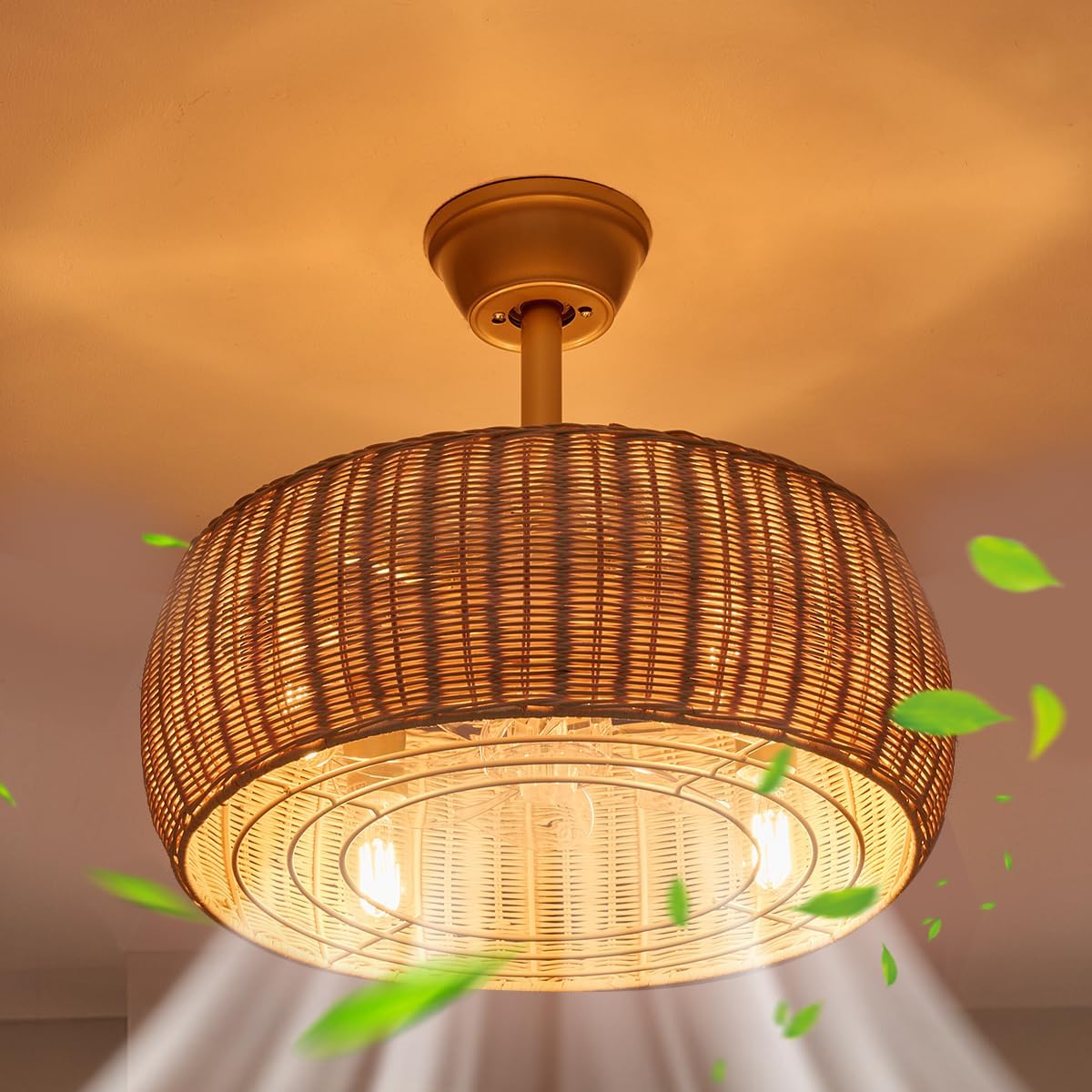 18.1' Rattan Caged Ceiling Fan with Lights 4-Light Beige Fandelier with Light Boho Bamboo Chandelier Fan with Light Reversible Motor, Remote Wicker Pendant Light with Fan for Bedroom Living Room