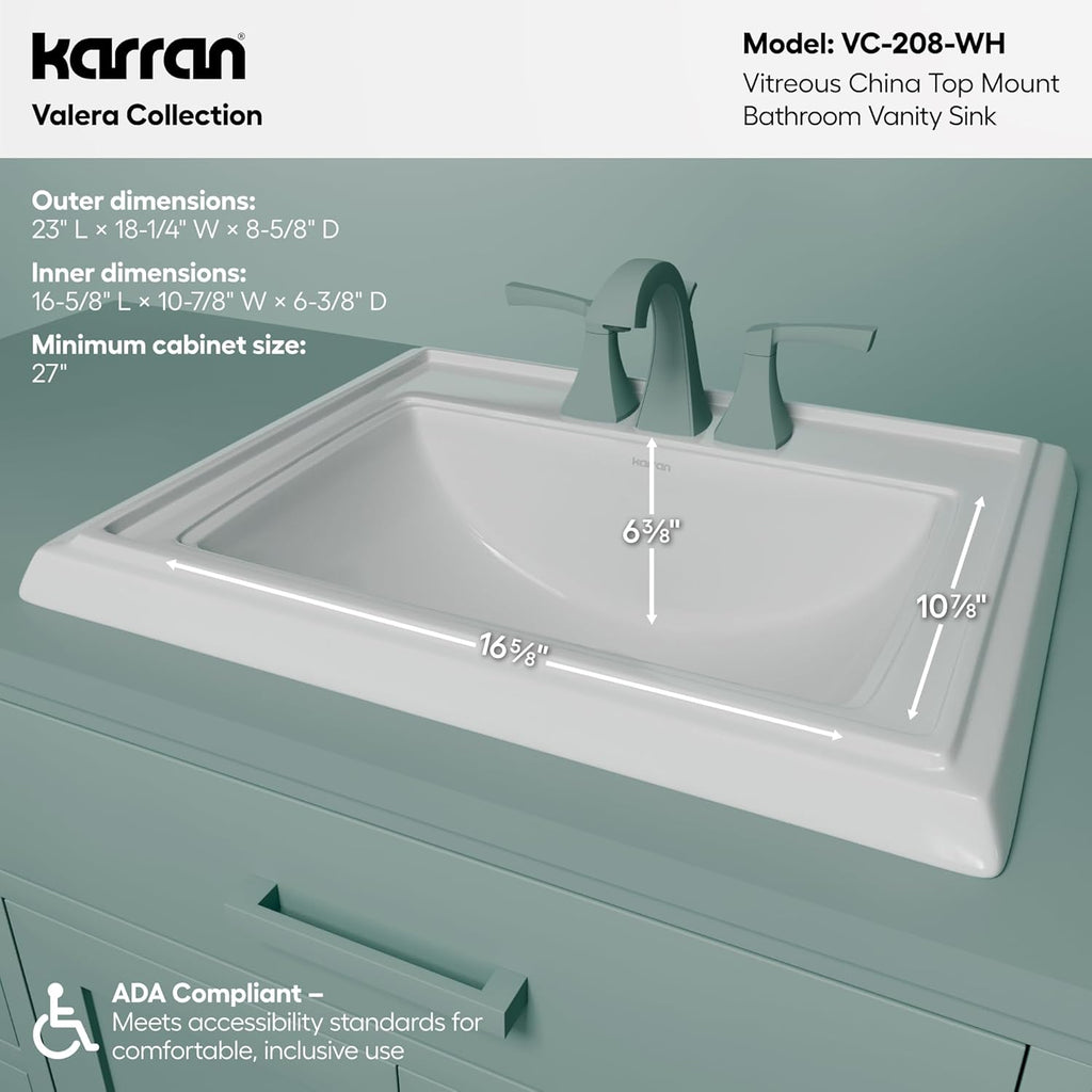 Karran Valera Top-Mount Bathroom Sink – Deep Rectangular Vitreous China Drop-In Vanity Basin in White with Overflow – VC-208-WH