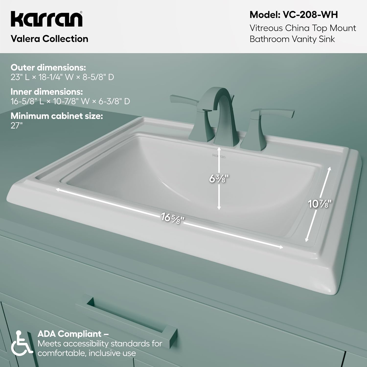 Karran Valera Top-Mount Bathroom Sink – Deep Rectangular Vitreous China Drop-In Vanity Basin in White with Overflow – VC-208-WH