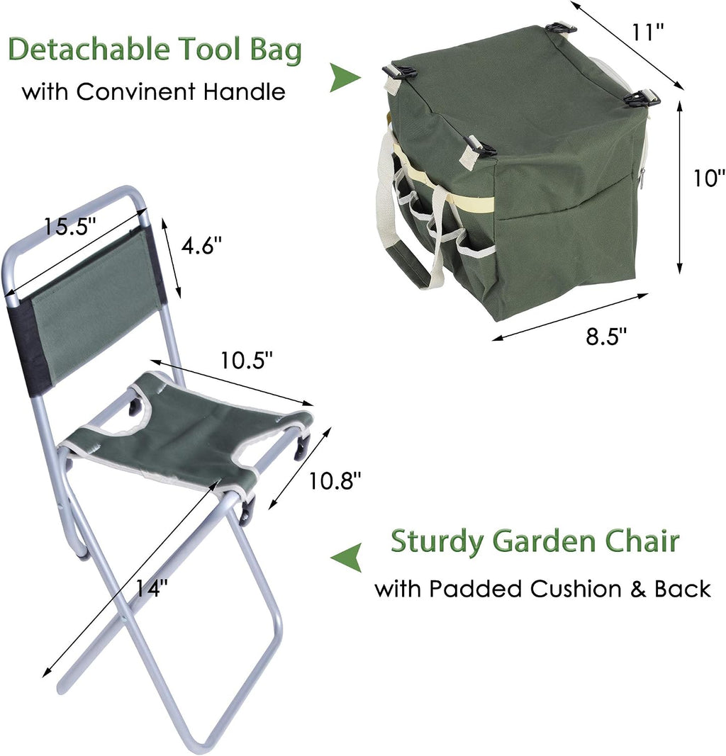 9 Pieces Garden Tools Set with Folding Chair, Stainless Steel Heavy Duty Hand Tool w/Organizer Tote Bag, Wooden Handle & Gloves - Gardening Gifts for Men Women